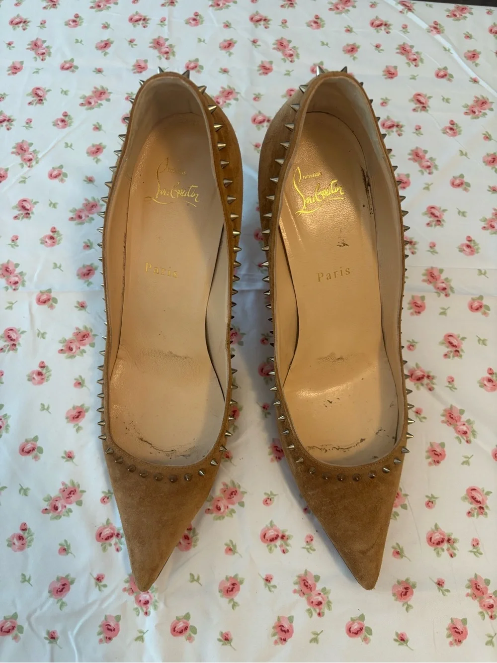 Christian Louboutin Camel Suede Spike-Trim Pointed Pumps